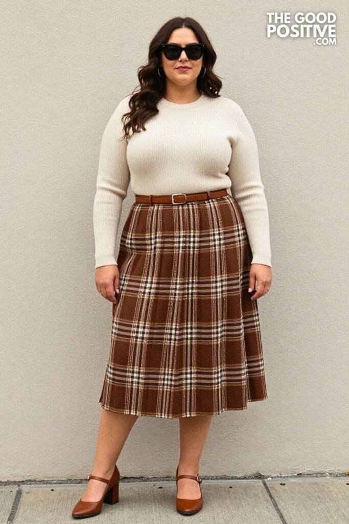 Plus Size Plaid Pleated Midi Skirt With Cream Fitted Sweater Outfit