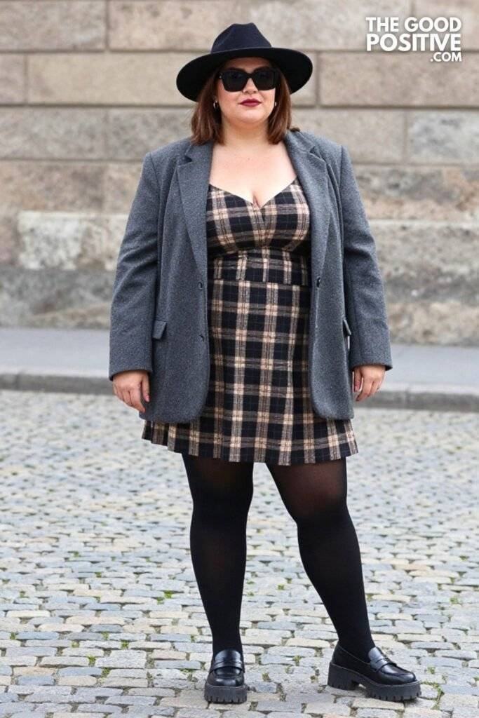 Plus Size Plaid Pleated Mini Skirt With Oversized Blazer Outfit