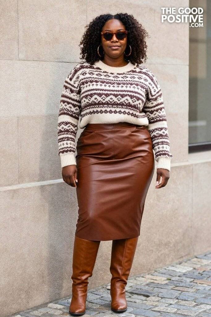 Plus Size Rich Brown Leather Midi Skirt With Cozy Fair Isle Sweater Outfit