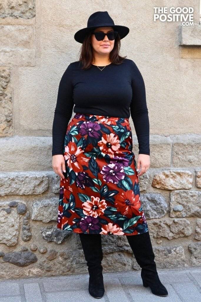 Plus Size Rust Floral Midi Skirt With Fitted Black Long-Sleeve Top Outfit