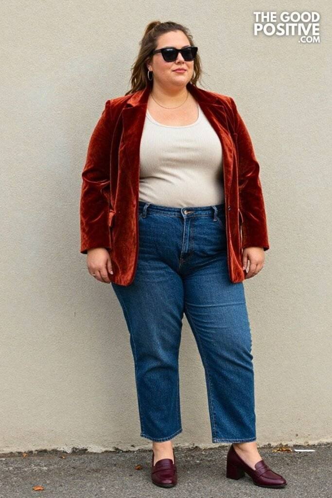 Plus Size Rust Velvet Blazer With Straight-Leg Dark Denim Outfit