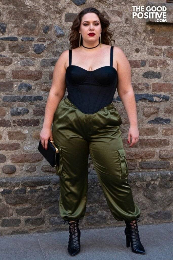 Plus Size Satin Cargo Pants With Structured Bustier Top Outfit