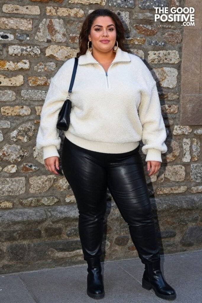 Plus Size Sherpa Half-Zip Pullover With Faux Leather Straight Pants Outfit