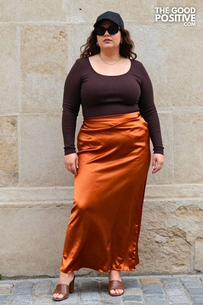 Plus Size Silk Burnt Orange Maxi Skirt With Fitted Ribbed Top Outfit