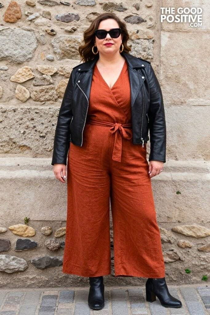 Plus Size Terracotta Linen Wide-Leg Jumpsuit With Moto Jacket Outfit