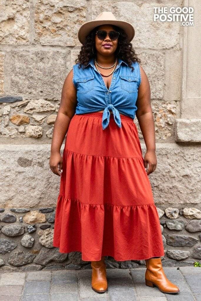 Plus Size Terracotta Tiered Maxi Skirt With Denim Shirt Outfit