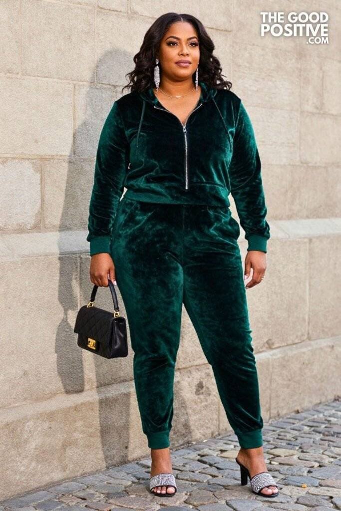 Plus Size Velvet Jogger Set With Embellished Mule Outfit