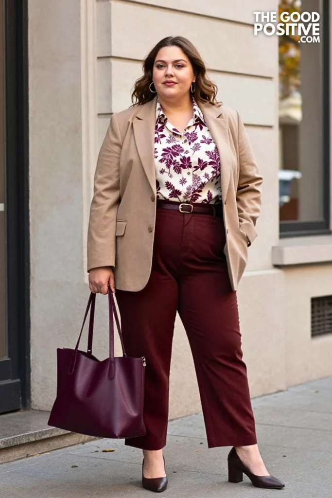 Raspberry Blazer with Cinnamon Trousers and Printed Blouse