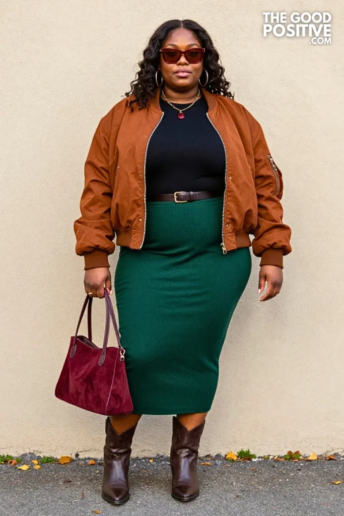 Rust Bomber, Forest Knit Skirt, and Western Boots