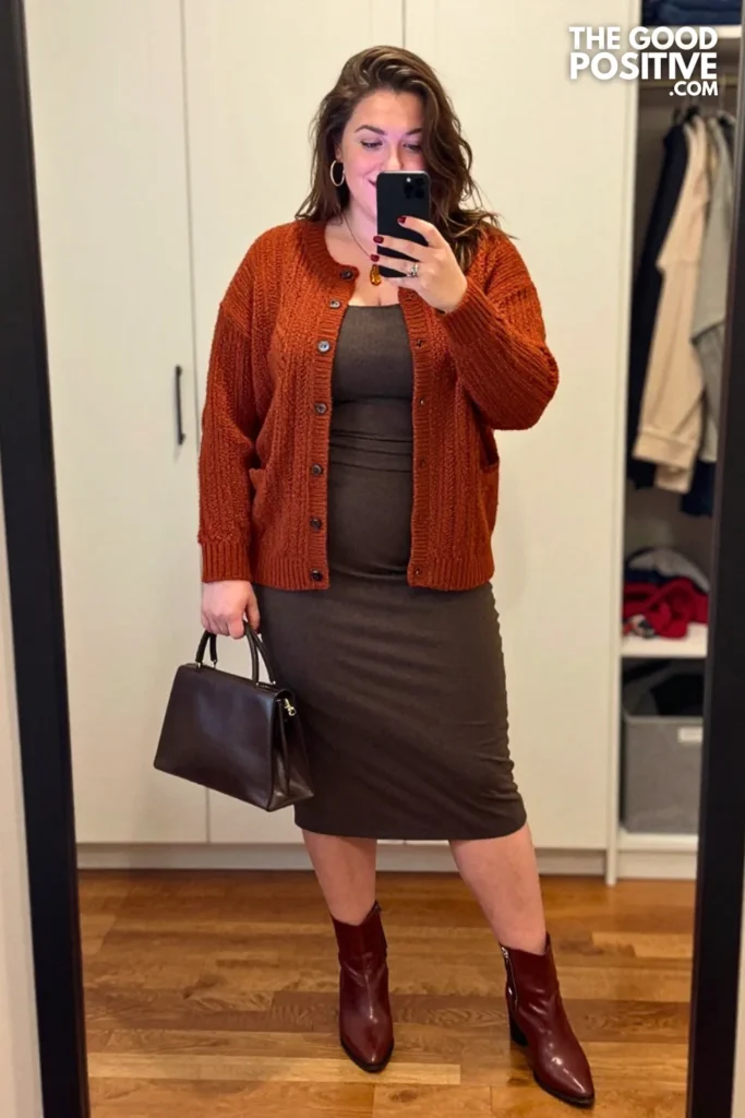 Rust Jacquard Cardigan with Charcoal Ponte Column Skirt