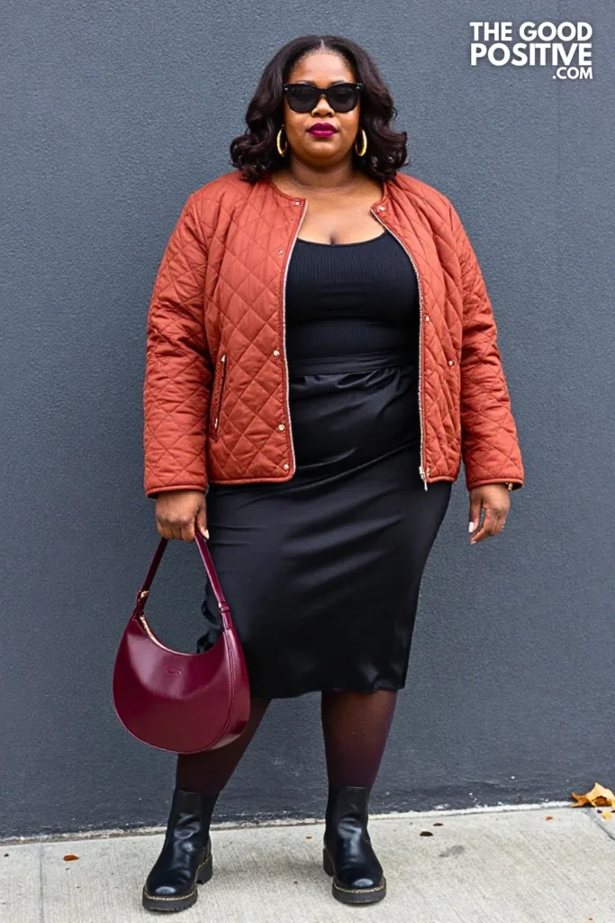 Rust Quilted Jacket, Blackberry Skirt, and Chelsea Boots