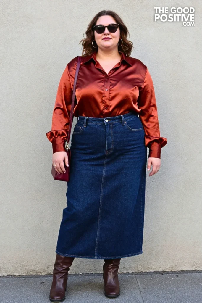 Rust Satin Blouse, Dark Denim Maxi Skirt, and Brown Boots