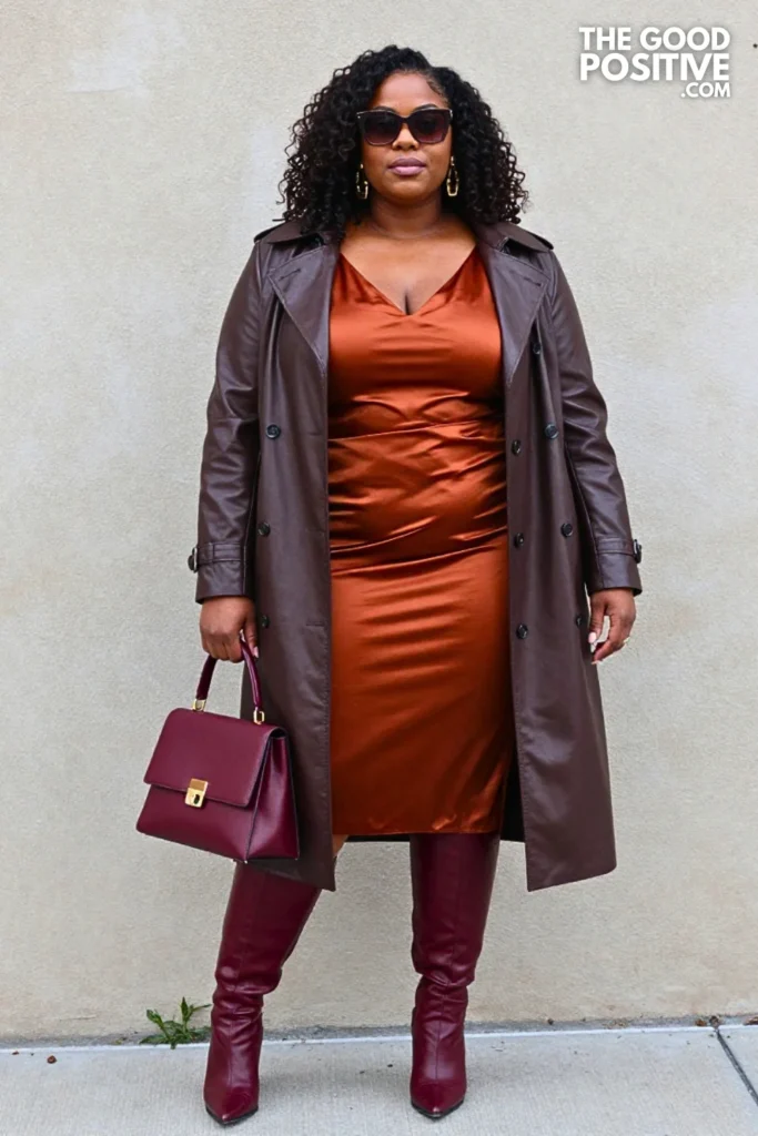 Rust Satin Dress, Chocolate Leather Trench, and Oxblood Boots