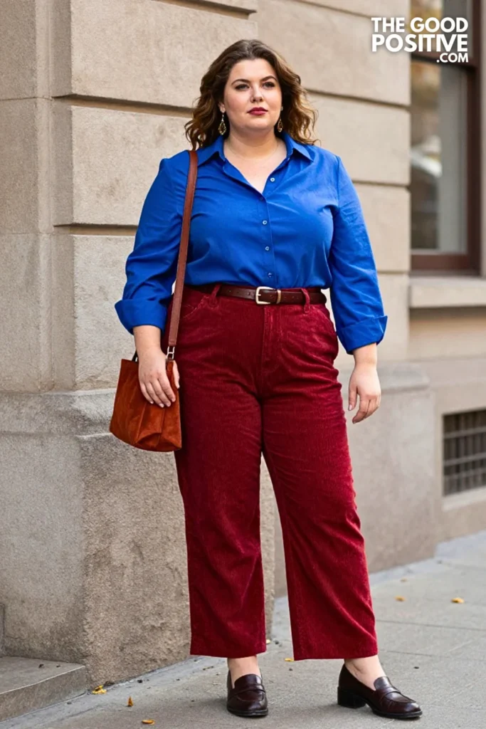 Sapphire Blouse with Brick-Toned Wide-Leg Corduroys