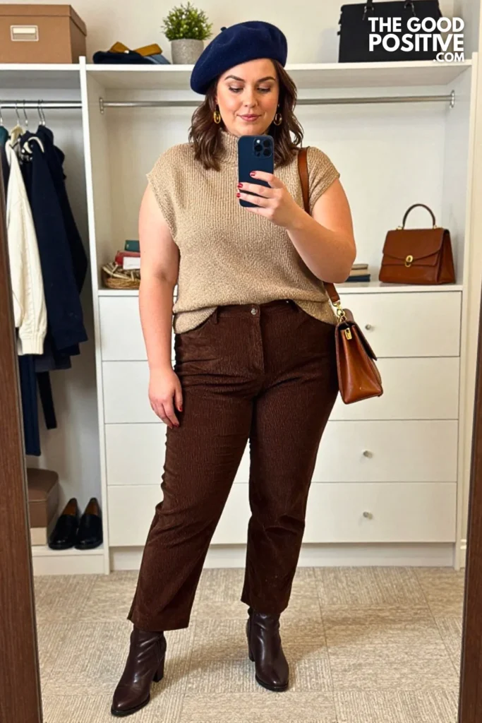 Sapphire Mock Neck Sweater with Chocolate Corduroy Trousers