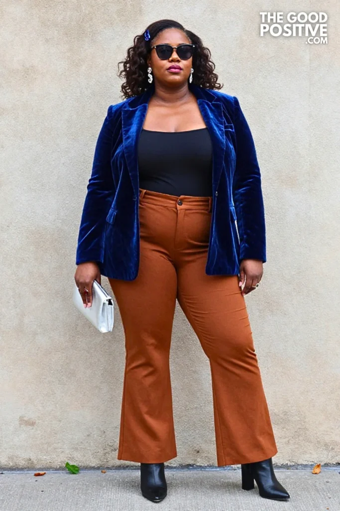 Sapphire Velvet Blazer, Cinnamon Flares, and Metallic Clutch