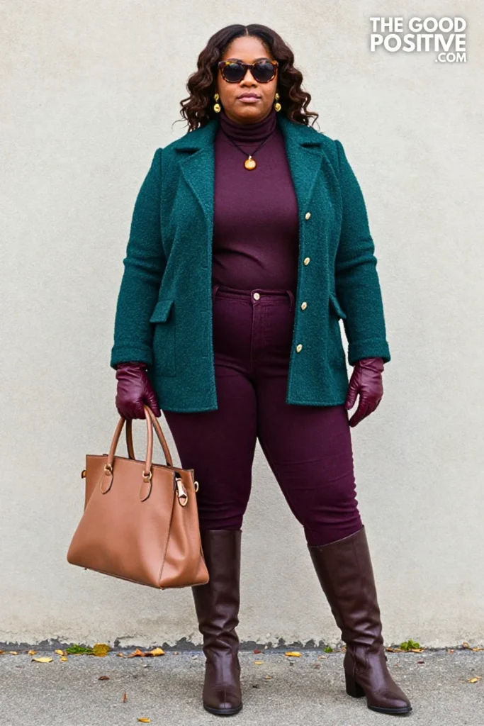 Teal Bouclé Jacket, Plum Jeans, and Brown Riding Boots