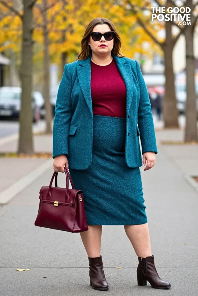 Teal Herringbone Skirt Suit with Cherry Knit