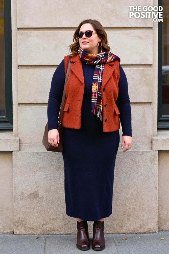 Terracotta Bouclé Vest with Midnight Knit Maxi Dress