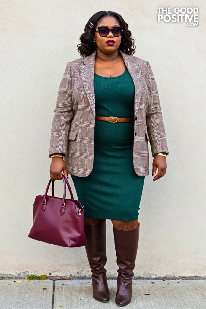 Tobacco Plaid Blazer, Forest-Green Knit Dress, and Burgundy Bag