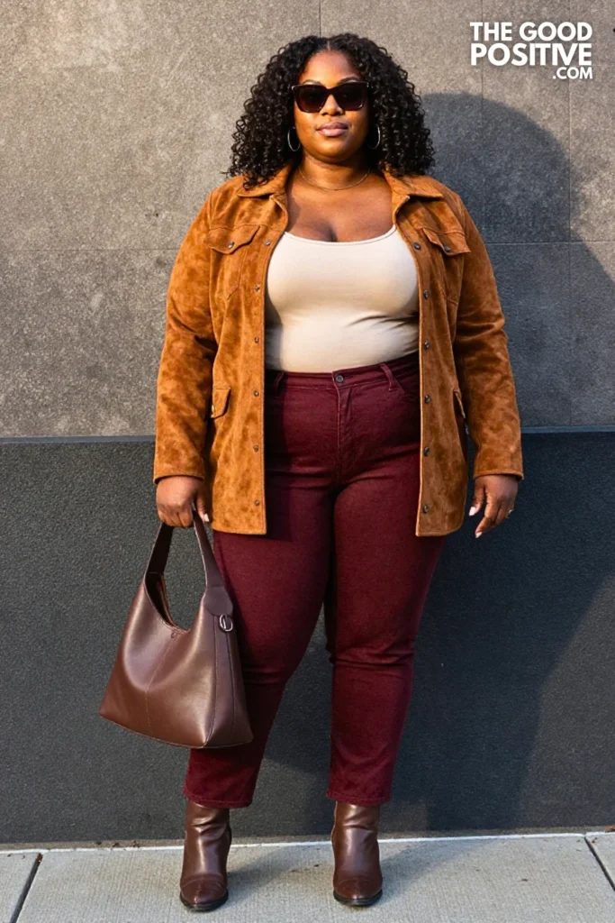 Tobacco Suede Shirt, Burgundy Jeans, and Espresso Boots