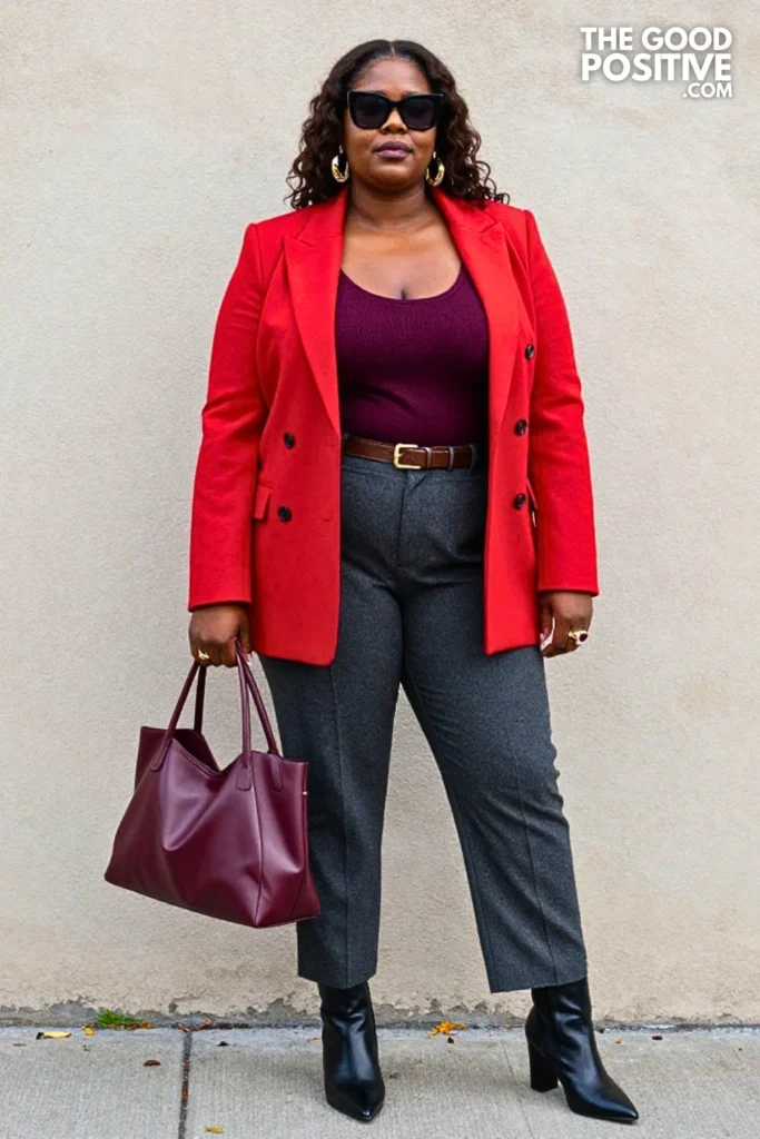 Tomato-Red Blazer, Plum Knit Top, and Charcoal Trousers