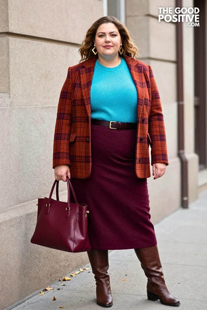 Turquoise Sweater with Plum Midi Skirt and Plaid Jacket