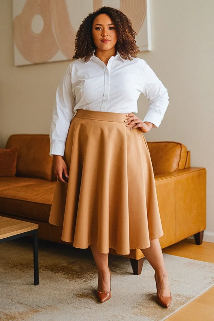 Plus Size A-Line Skirt and Button-Down Shirt Dressy Fall Outfit