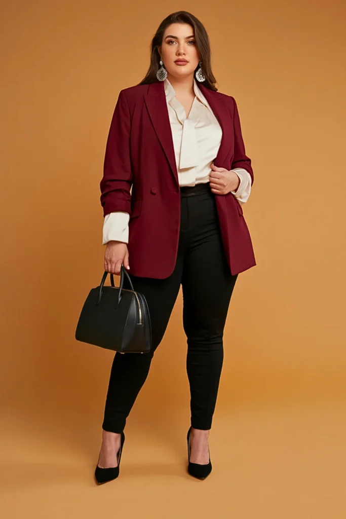 Plus Size Autumn Maroon Blazer Boardroom Work Outfit