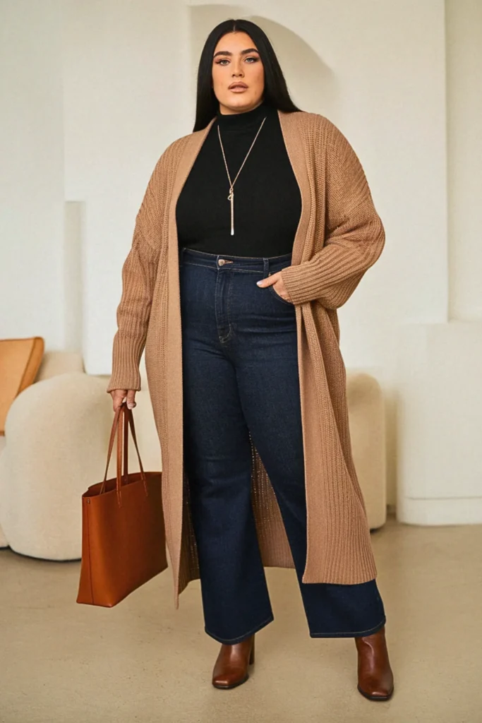 Plus Size Cardigan Coat and Turtleneck Fall Outfit