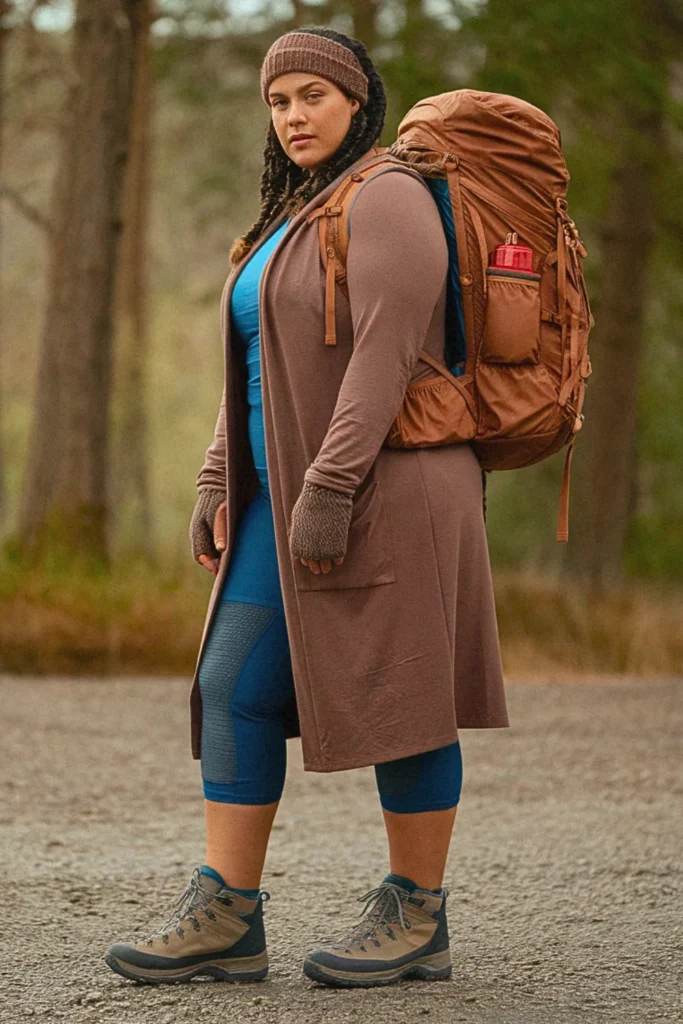 Plus Size Fall Cardigan Coat with Hiking Capris Hiking Outfit