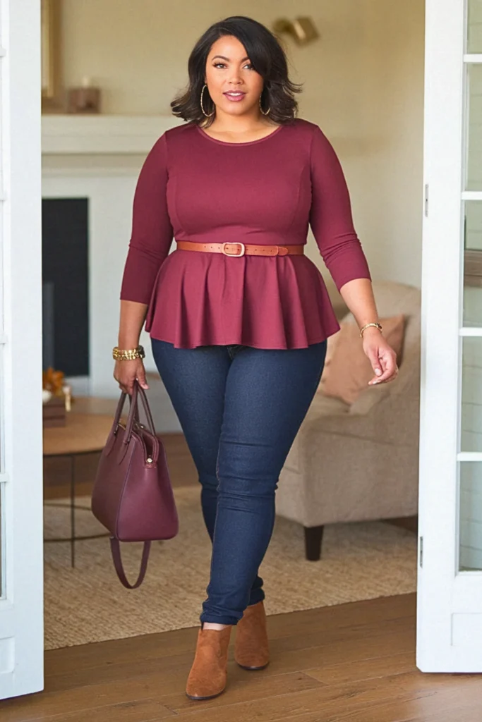 Plus Size Fall Cute Peplum Top and Skinny Jeans Mom Outfit