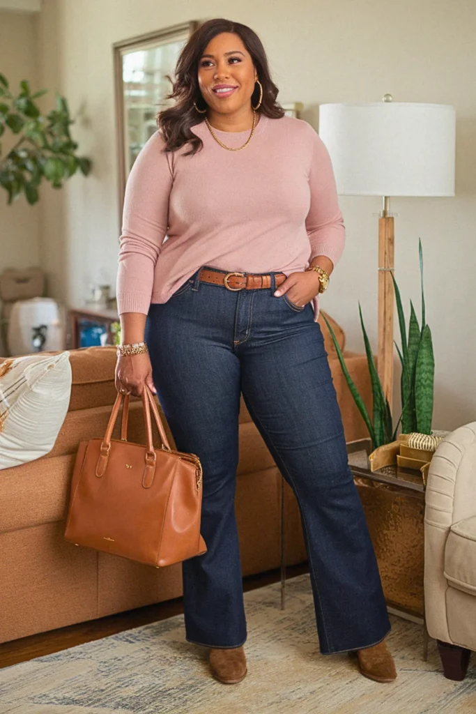 Plus Size Fall Cute Sweater and Bootcut Jeans Mom Outfit