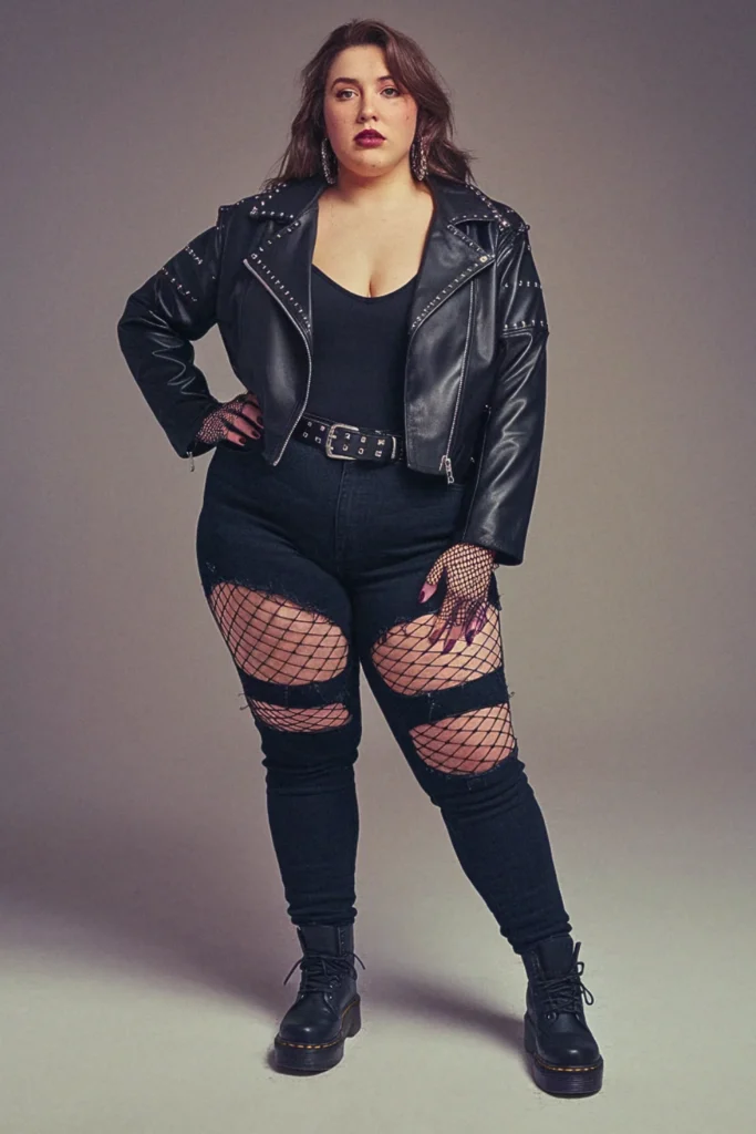 Plus Size Fall Leather Jacket Fishnet Grunge Outfit