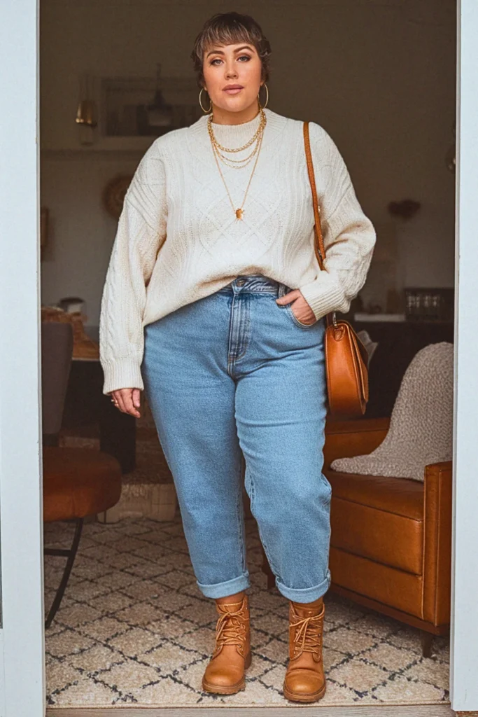 Plus Size Fall Mom Jeans and Oversized Sweater Outfit