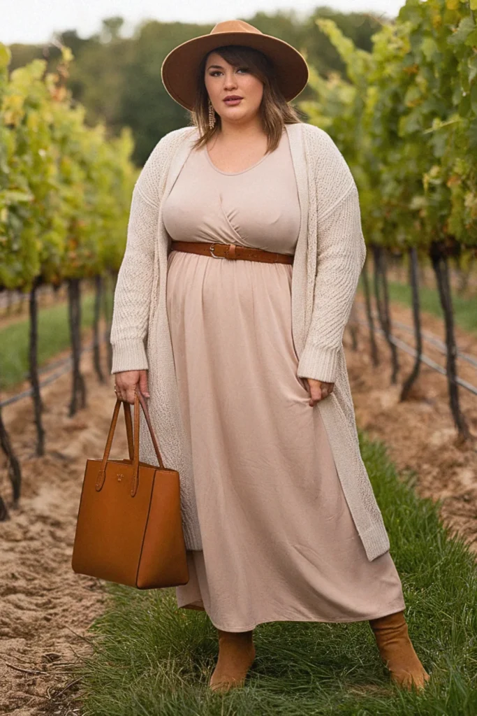 Plus Size Fall Neutral Cardigan Maxi Dress Winery Outfit