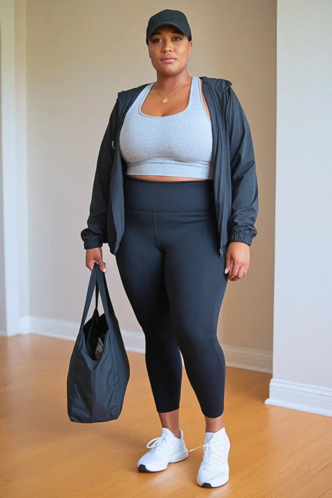 Plus Size Fall Sporty Crop Top and High-Waisted Leggings Mom Outfit