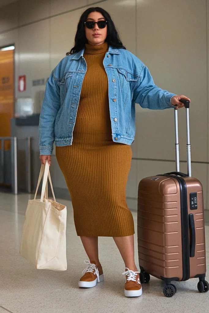 Plus Size Fall Turtleneck Sweater Dress and Denim Jacket Travel Outfit