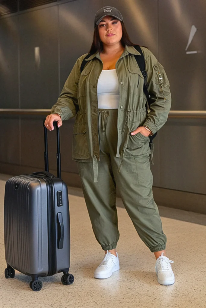 Plus Size Fall Utility Jacket and Jogger Travel Outfit