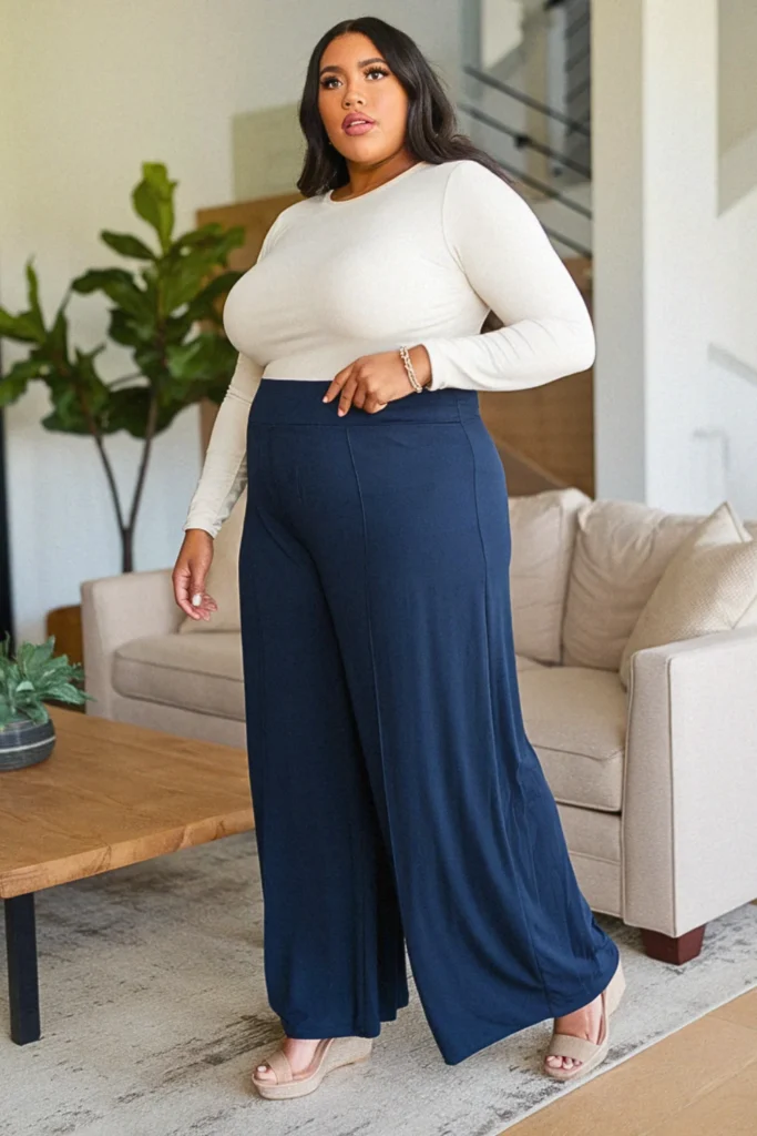 Plus Size Palazzo Pants and Fitted Top Dressy Fall Outfit