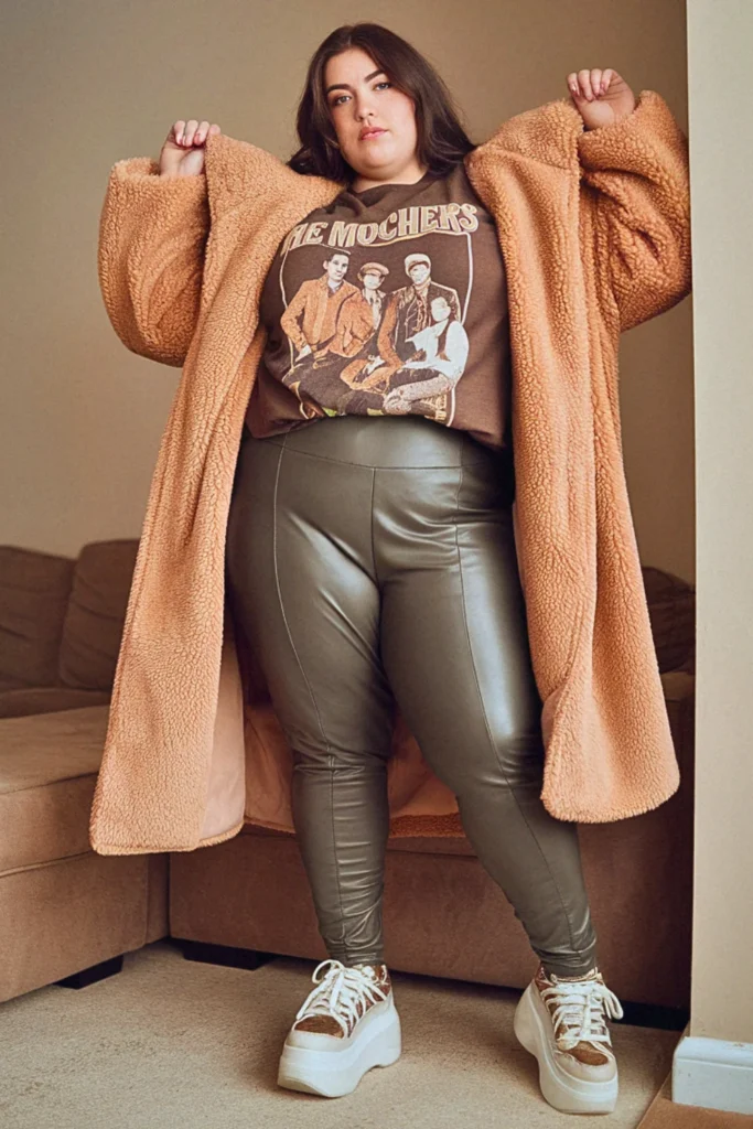 Plus Size Teddy Bear Coat and Leggings Fall Outfit