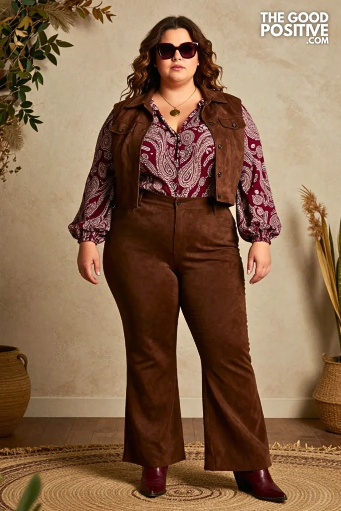 Burgundy Paisley Blouse with Espresso Suede Trousers