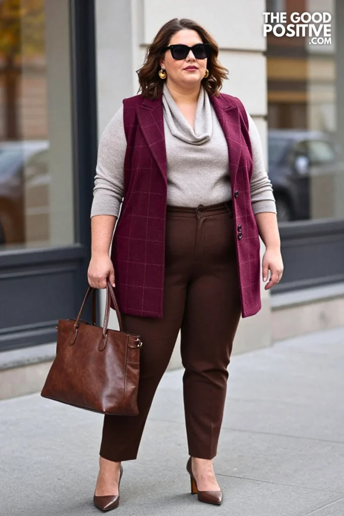 Burgundy Windowpane Vest, Gray Blouse & Mushroom Trousers