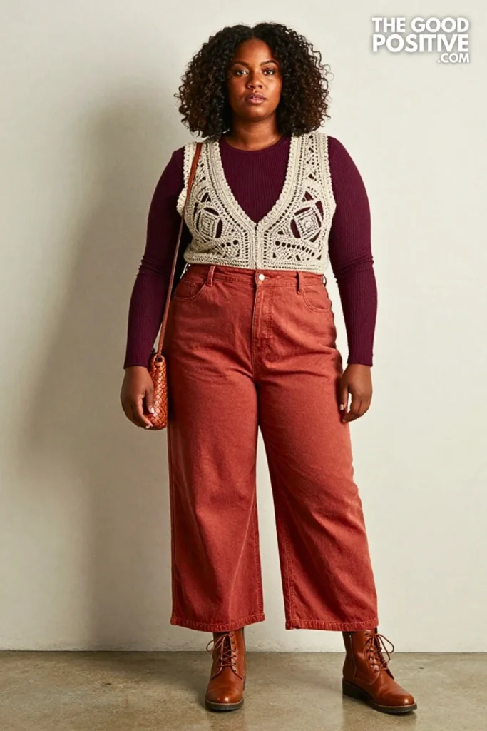 Charcoal Crochet Vest with Rust Wide-Leg Overalls