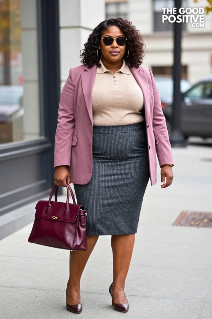 Charcoal Pinstripe Skirt, Cinnamon Knit Polo & Plum Jacket