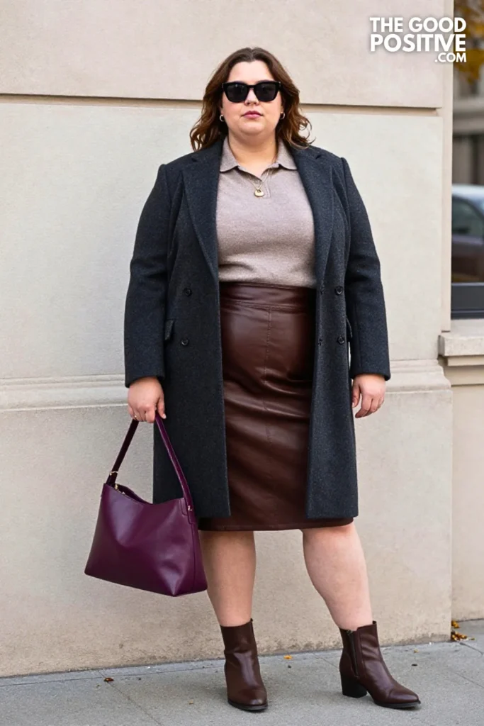 Chocolate Leather Skirt, Sage Merino Polo & Charcoal Blazer
