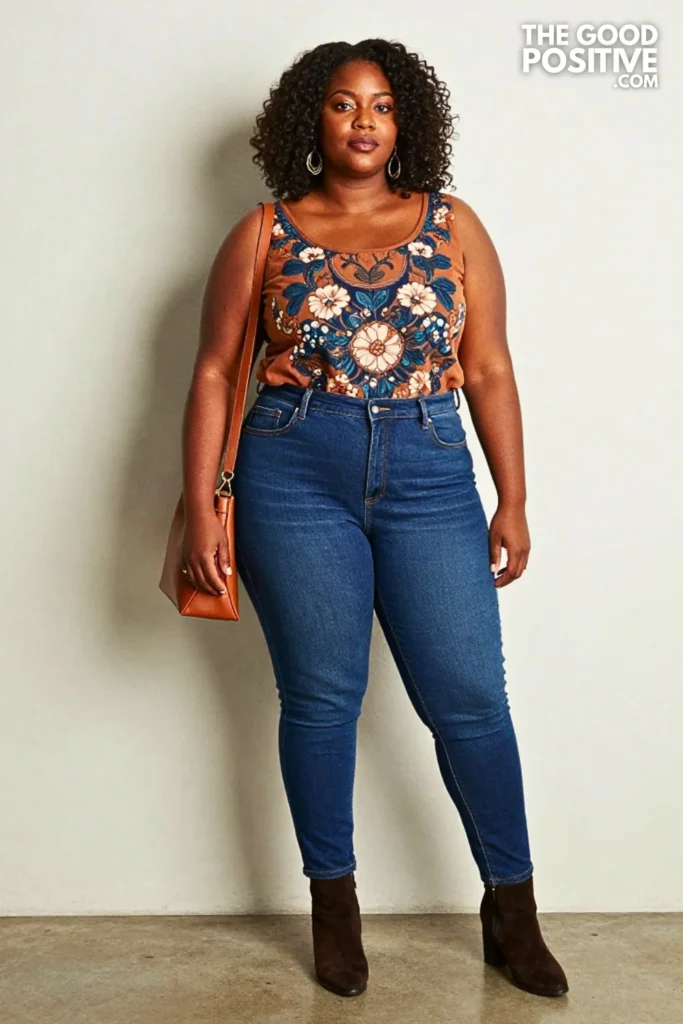 Cinnamon Embroidered Tunic with Indigo Bootcut Jeans