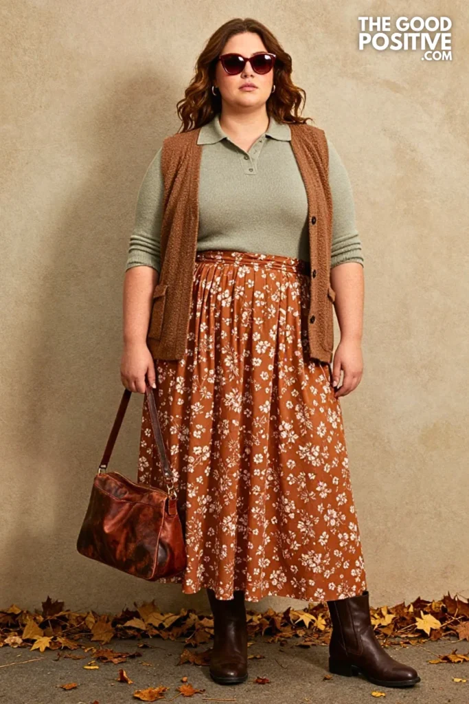 Cinnamon Jacquard Maxi Skirt with Moss Knit Polo
