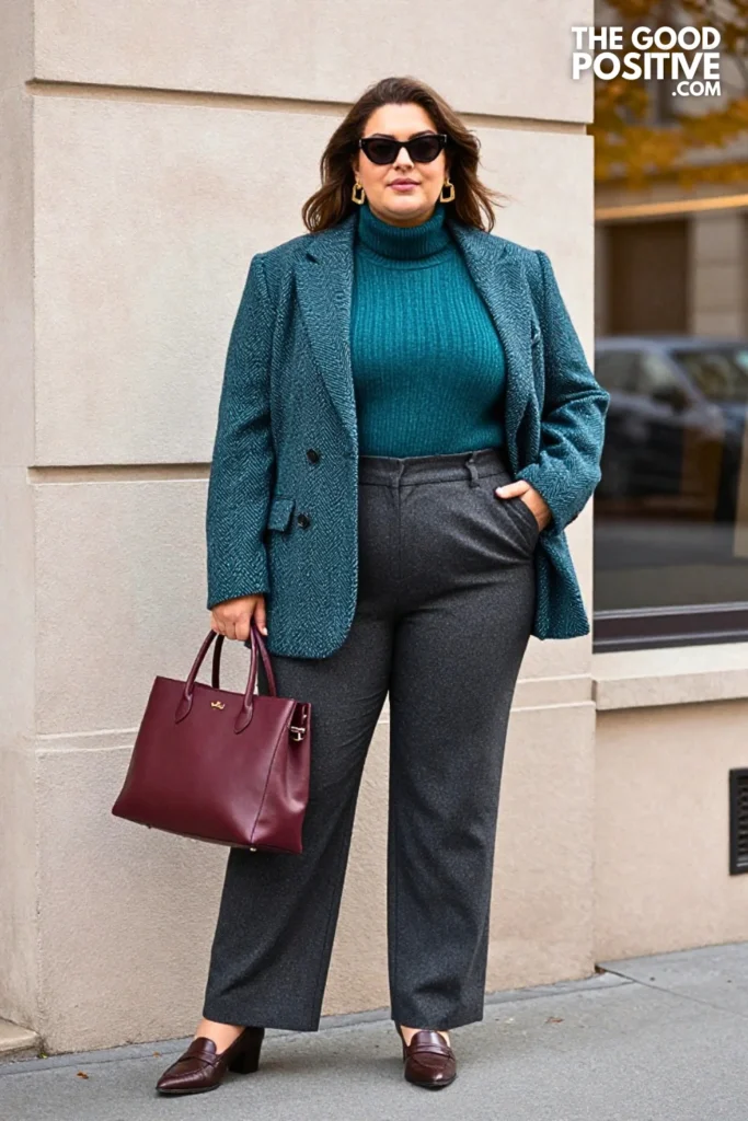 Cocoa Herringbone Blazer, Teal Knit & Charcoal Wide-Leg Trousers