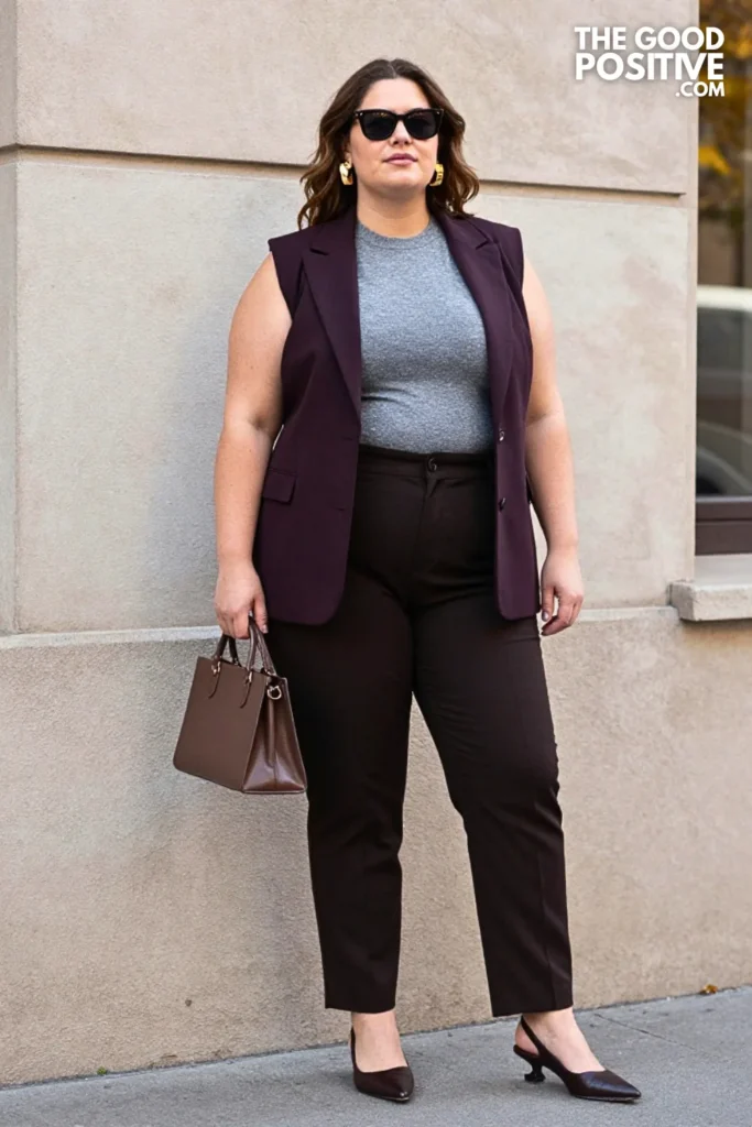 Cranberry Curved-Seam Blazer, Stone-Gray Shell & Espresso Trousers